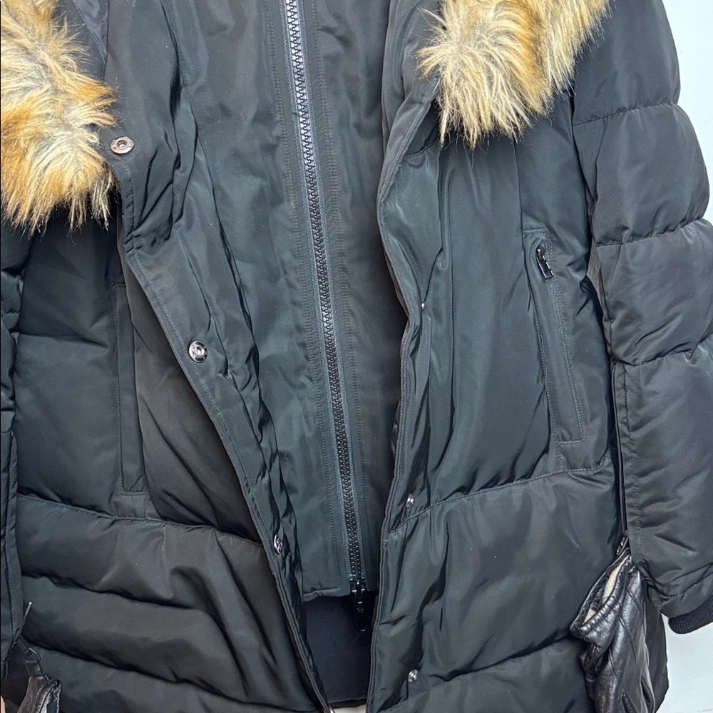 North Aware Women's Large Black Smart Winter Parka Faux Fur-Trimmed Hooded - Picture 10 of 14